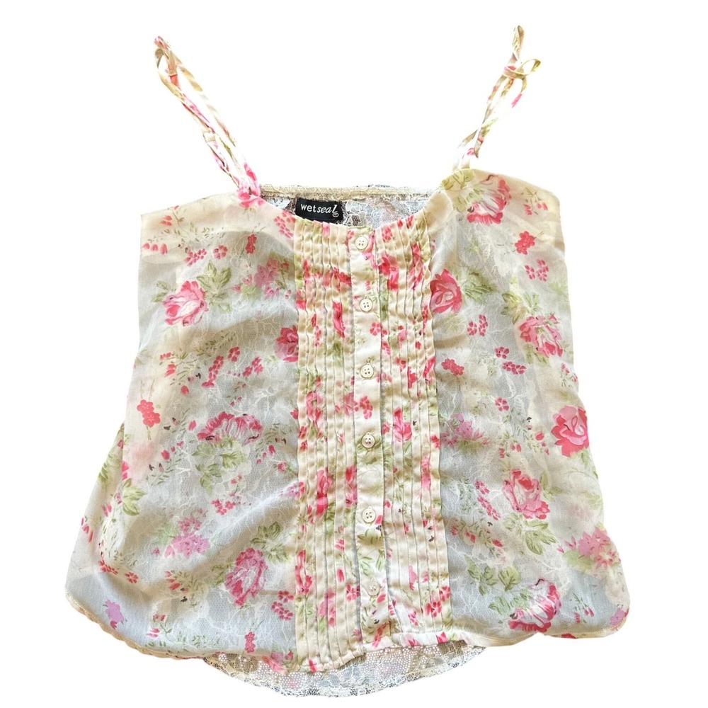 Wet Seal Pink Floral Lace Back Corset Top Pintuck Button Front Sheer Cropped